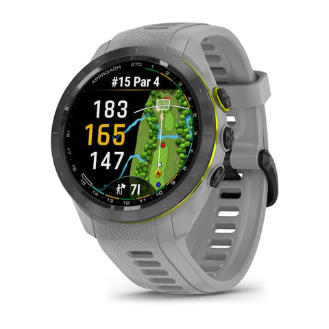 Garmin Approach S70, 42 mm, Black/Amp Yellow Ceramic Bezel with Powder Gray Silicone Band