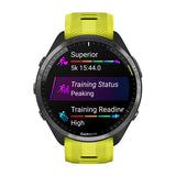Garmin Forerunner 965, Carbon Gray DLC Titanium Bezel with Black Case and Amp Yellow/Black Silicone Band