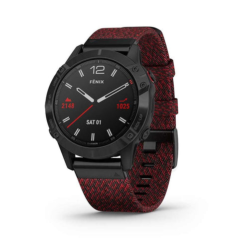 Garmin, fenix 6, Sapphire, Watch, Watch Color: Black, Wristband: Red - Nylon, 010-02158-16